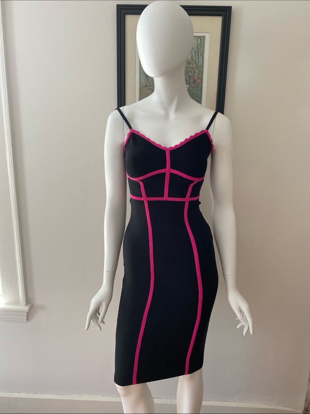 {BCBG} Black Bodycon Dress with Hot Pink Piping